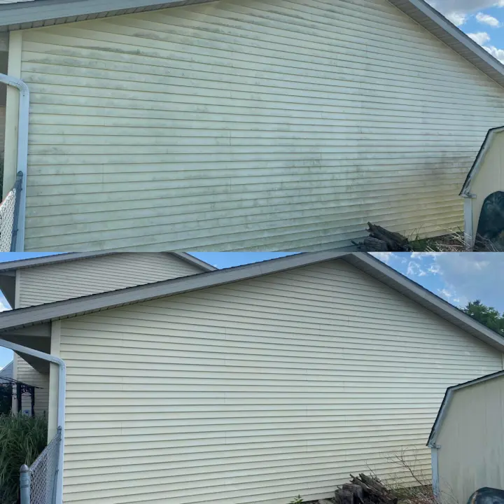 House siding before and after cleaning.